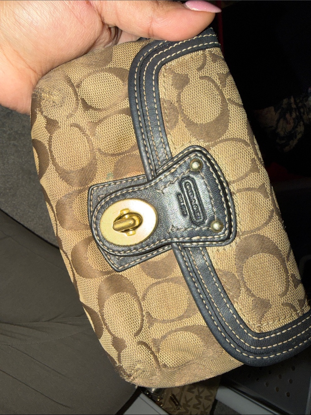 Coach Tan & Brown Signature Canvas Wristlet with Gold Turnlock